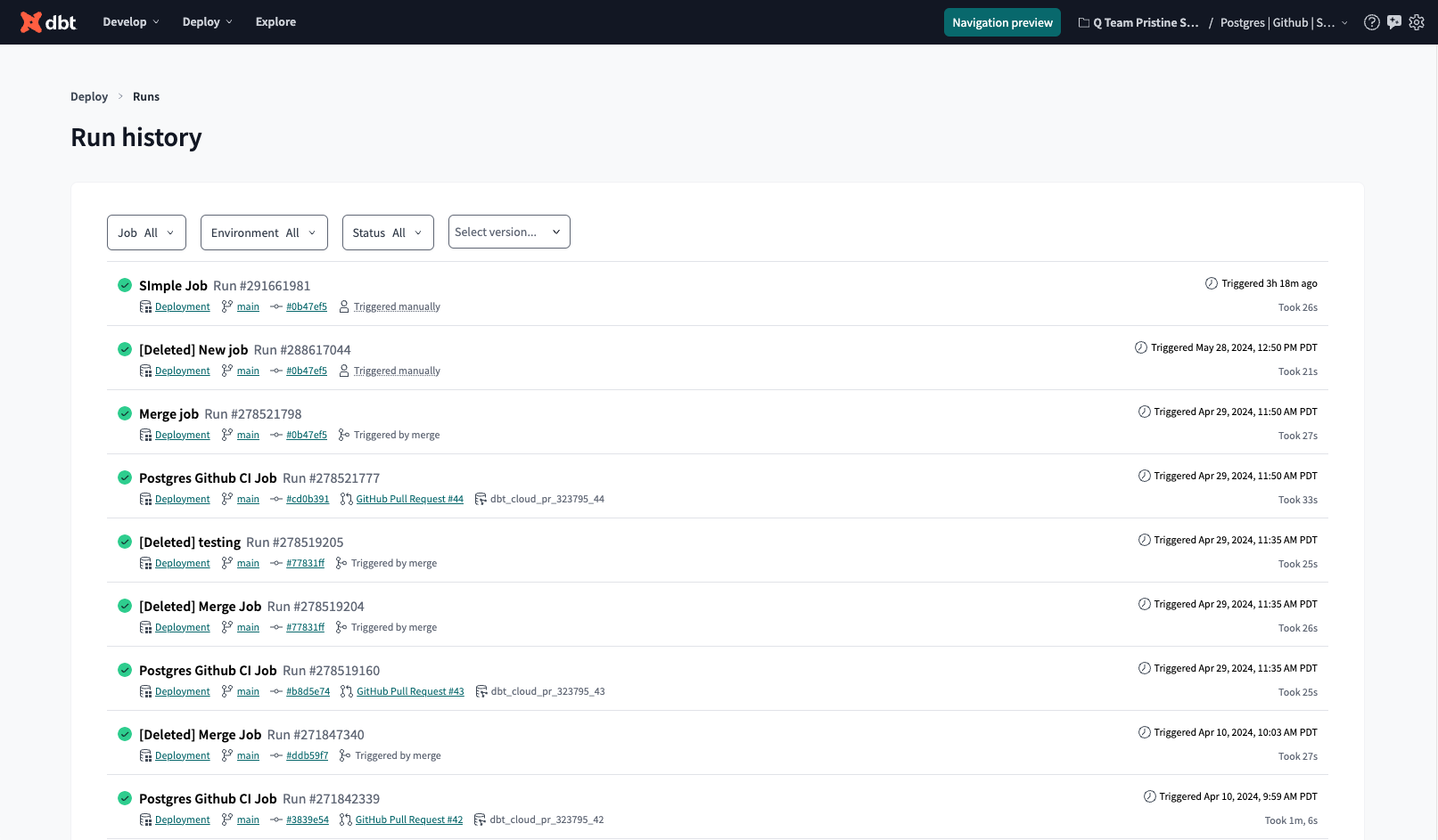 Run History dashboard allows you to monitor the health of your dbt project and displays jobs, job status, environment, timing, and more. Run History dashboard allows you to monitor the health of your dbt project and displays jobs, job status, environment, timing, and more.